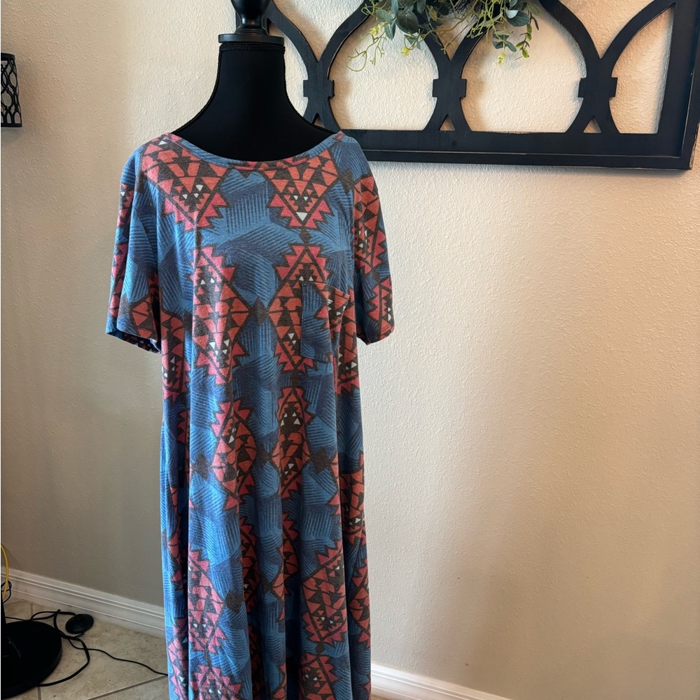 Lularoe Carly Hi Low Swing Dress Blue and Red Aztec 3XL
